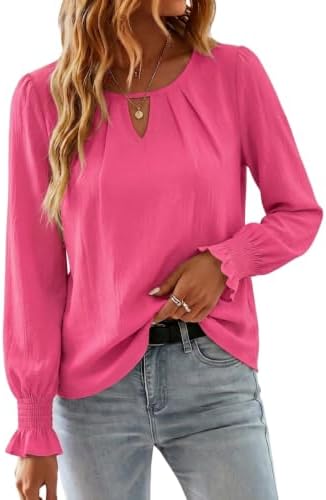 Chicrise Langarmshirt Damen Elegant Keyhole Rundhals Bluse Smokärmel Basic | Oberteile,Leichte,Business,Plissee,V-Ausschnitt,Musselin,Chiffon,Langarm,Herbst,Frühling,Casual,Lockere