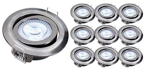 10x greenandcou00ae Spot à LED encastrable IRC 97+ 5W (=28W) 300lm, rond, extra plat, orientable, blanc chaud, sans scintillement, non graduable, couleur : nickel brossé, avec boîte de raccordement