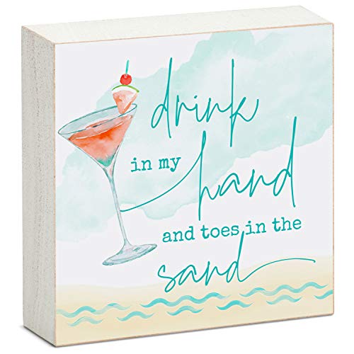 "Drink In My Hand And Toes In The Sand" Decorative Wood Block Sign 3.75" Square Made In The Usa #TOP17