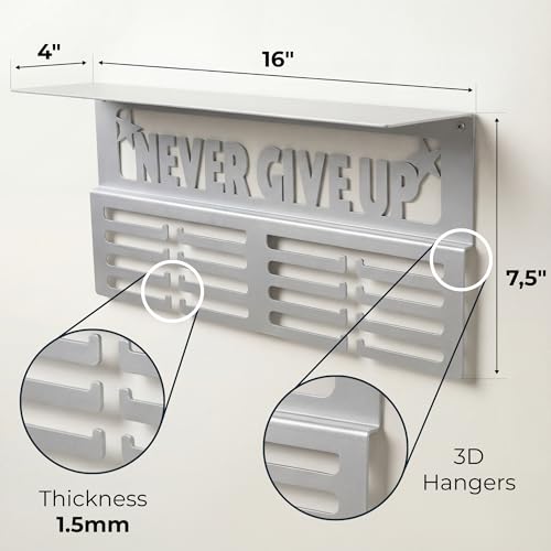 Image of AGATHOS HOME Medal Hanger Display with Trophy Shelf - Metal Awards Rack for Walls Holds 64+ Sports Medals- Our Never Give Up 16 inch Medal Holder Awards Trophy Display