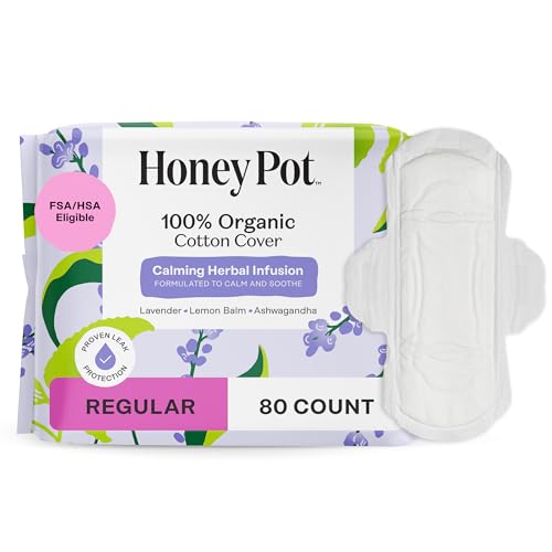 Image of Honey Pot - Calming Herbal Regular Sanitary Pads for Women - 100% Organic Cotton Top Sheet - Feminine Care - Non Cooling - Calming Herbs of Lavender, Ashwagandha, & Lemon Balm - 80ct