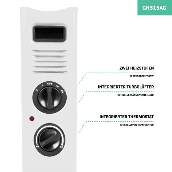 VONROC Calefactor de convección - 2000W - Blanco - Con ventilador turbo - Termostato regulable - 2 posiciones de calefacción - Para habitaciones de hasta 24m2 - Diseño moderno