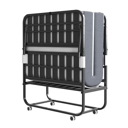 Generisch Cama plegable de 190 x 96 cm con colchón de espuma viscoelástica de 9,5 cm – Cama portátil para invitados con marco de metal y ruedas, capacidad de carga de 136 kg, montaje en segundos y