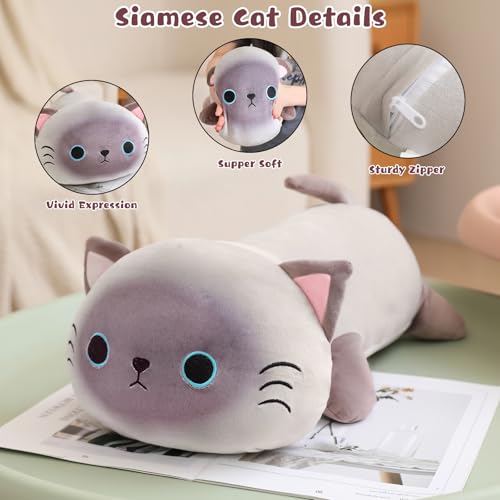 Image of TOYSYM Siamese Cat Plush Cute Siamese Cat Stuffed Animal Pillow with 4 Baby Plushies in Her Tummy, Soft Cotton Stuffed Animals Toy Gifts for Kids