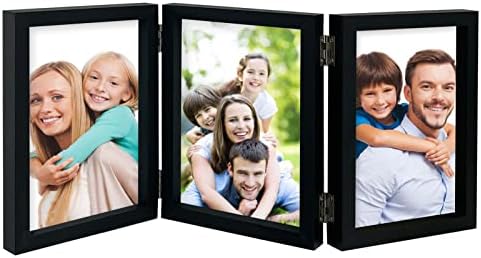LAZYKITTY 3 Picture Frame 5x7 - Reinforced MDF, Real Glass Faces, Stainless Steel Hinged, Multi-angle Foldable, Standing on Tabletops - Black