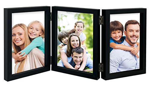 Lazykitty 3 Picture Frame 5X7 - Reinforced Mdf, Real Glass Faces, Stainless Steel Hinged, Multi-Angle Foldable, Standing On Tabletops - Black #TOP2