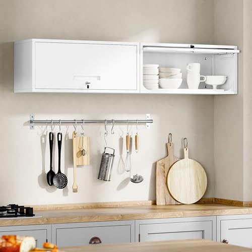 Image of Yizosh Metal Wall Cabinet with Doors, Wall Mounted Storage Cabinet - Floating Tool Cabinet for Kitchen, Basement, Warehouse (White, 13.7 inch H)