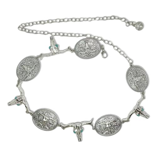 Cowboy Chain Belts for Women Western Silver Belt with Turquoise Accents Cowgirl Bull and Horseshoe Waist Belt Gold Corset Style Dress Belt Plus Size Womens Outfits Fit Waist Size Below 44