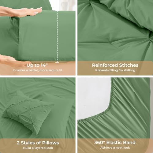 Image of Sasttie Twin Comforter Set, 5-Piece Bed in a Bag, Pintuck Bedding Sets for All Season, Includes Comforter, Flat Sheet, Fitted Sheet, Pillowcase and Pillowsham, Green