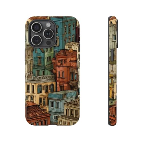 Coque rigide brillante iPhone 15 Pro Max marron motif bâtiment urbain