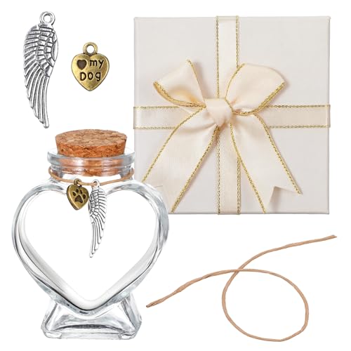 Qianyu Bouteille commémorative pour animal de compagnie avec boîte cadeau, bocal en verre en forme de cœur pour chien et chat avec bouchon en liège pour poils de fourrure, moustaches et cendres
