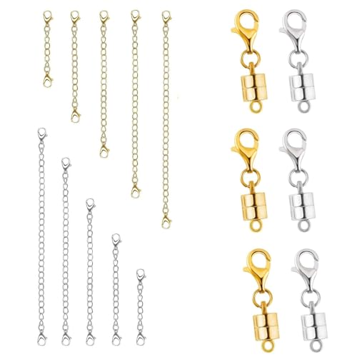 Necklace Extender and Magnetic Necklace Clasp, Magnetic Clasps for Bracelet Extenders, Chain Extension for Jewelry Repair Kit (Lgold+silverC)