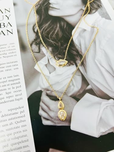 Anizoxy Water Drop Pear Marquise Asscher Cut Zircon Pendant Stacked Necklace Simple And Fashionable 18K Gold Plated Copper Multi Layered Zircon Necklace thumb #4
