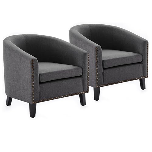 Image of BELLEZE Accent Barrel Chair Set of 2, Modern Tub Club Chair Upholstered Armchair with Gold Nail Head Trim and Black Legs for Living Room Bedroom Apartment Lounge - Gray /Linen