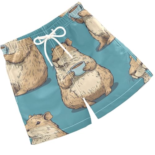 Pigsaly Boys Swim Trunks Capybara Coffee Tea Boys Board Shorts Swimsuit Swimwear Summer Bathing Suit XS