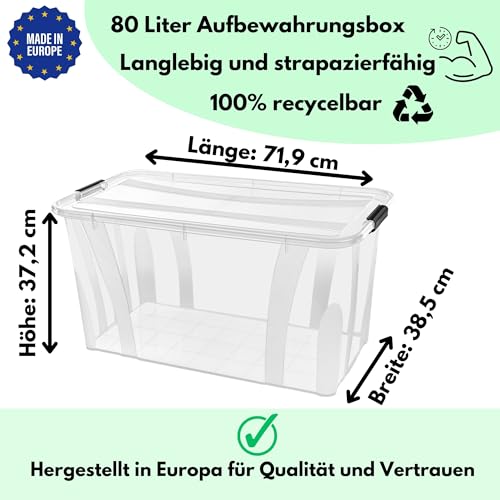 Aufbewahrungsboxen mit Deckel, 7L 14L 21L 32L 55L 80L Plastik Boxen Klickverschluss Stapelboxen 1er/3er Sets Lebensmittelecht Transparent Haushalt & HLKauf-Block (1er 80-Liter & 1x HLKauf-Block)