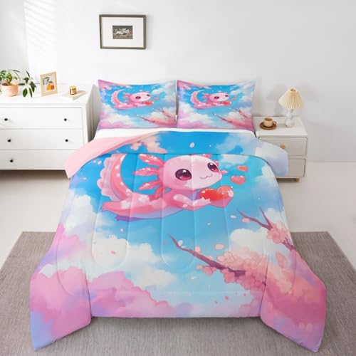 Image of Feelyou Cute Axolotl Bedding Set Cherry Blossoms Girls Comforter Set for Kids Teens Cartoon Salamander Ultra Soft Comforter Kawaii Ocean Sealife Duvet Set Room Decor Full Size Quilt Set