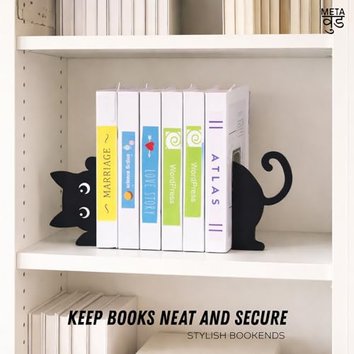 Image of Cute Cat Metal Bookends Set of 2 Heavy Duty Book Ends for Shelves Desk Decorative Bookend Book Organizer Non Slip Book Holder Stand for Office Home Study Room Gifts for Book Lovers