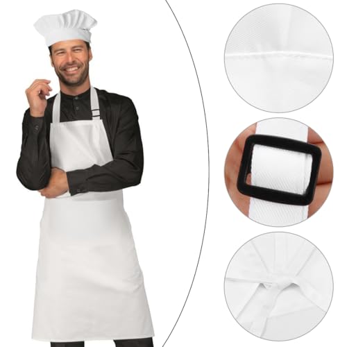 Augesak Kapelusz szefa kuchni i fartuch dla dorosłych, fartuch kuchenny dla mężczyzn i kobiet, regulowana czapka szefa kuchni, fartuch szefa kuchni do kuchni, restauracji i barów, biały, długi biały