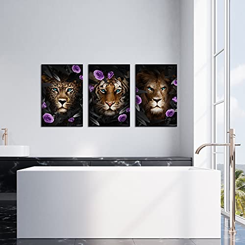 Duobaorom 3 Pieces Flower Animal Canvas Wall Art Blue Eyes Leopard Tiger Lion With Purple Floral Picture Painting For Home Bedroom Living Room Stretched And Framed Ready To Hang 16X24Inchx3Pcs #TOP4