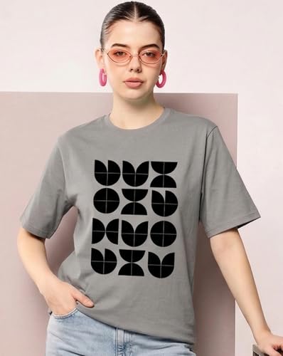 Image of Women's Typography Round Neck Cotton-Blend T-Shirts, Oversized Drop Shoulder Boho Style T-Shirt