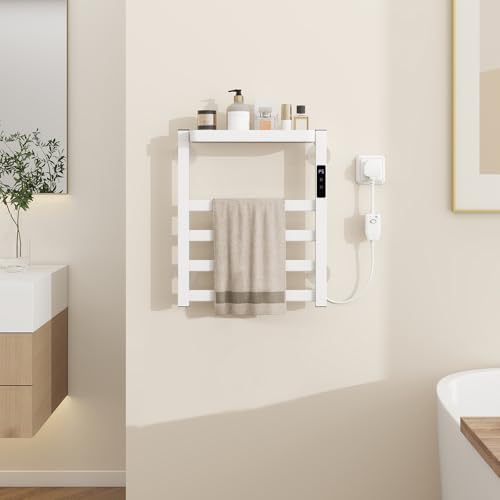YU YUSING Sèche-Serviettes Électrique 4 Barres 1 Étagère 40x47cm, Minuterie, Réglage Température 6 Niveaux, en Aluminium, Porte-Serviettes Chauffant Mural, Étanche IPX4, Salle de Bain,sans Perçage