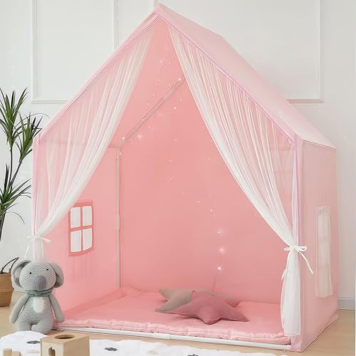 Kids Play Tent Indoor, Pink Playhouse Tent for Girls, Large Play Tents for Toddlers, Indoor Playhouse Princess Castle Play Cottage for Kids Toy Birthday House Gift