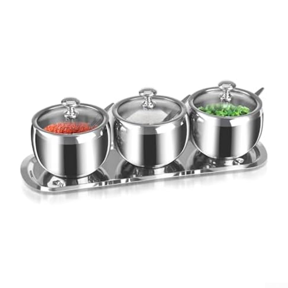 Juego Azucarero para acero Inoxidable 300ml 3 Compartimentos(Three) | para acero inoxidable, 3 compartimentos, 300ml capacidad, incluye cuchara, bandeja y tapa cristal