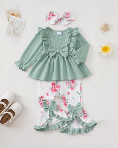 Toddler Baby Girl Clothes Fall/Winter Girls Outfits Ruffle Long Sleeve Tops Floral Flared Pants Girls' Clothing Sets4