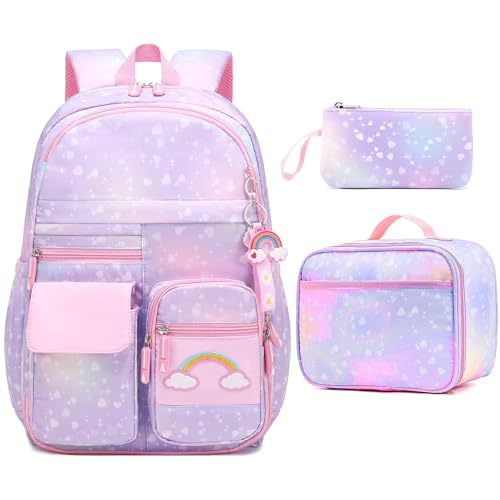 Girls Backpack,Cute Rainbow School Backpack Set for Girl Kid, Kawaii Girls Elementary Bookbag for Children Students