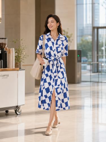 Image of BROVAVE Women's 2026 Summer Short Sleeve Work Dresses Tie Waist Button Down Animals Print Midi A-Line Shirt Dress