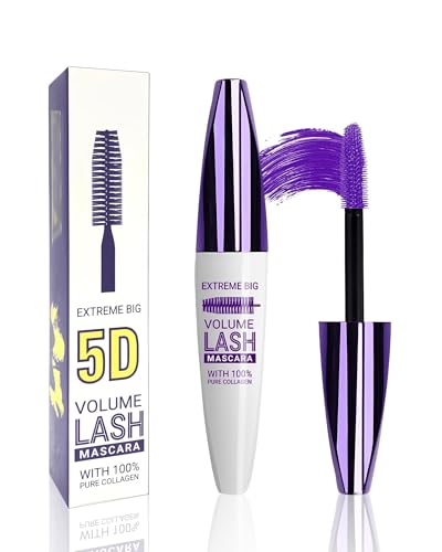 Máscara de Pestañas 5D Púrpura Waterproof - Volumen Extremo con Fibras Alargadoras, 24H Antimanchas, Uso Diario y Fiestas, Mascara de Pestañas Waterproof para Maquillaje Sensible