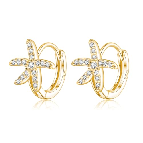 SLUYNZ 925 Sterling Silver CZ Starfish Hoop Earrings for Women Teens Girls Starfish Small Hoop Earrings Huggie Small Beach Earrings (B-Gold)