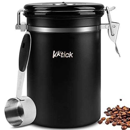 KKTICK Coffee Canister, Airtight Stainless Steel Coffee Container with Measuring Scoop, Kitchen Food Storage with Date Tracker, CO2-Release Valve, Keep Fresh for Beans or Ground Coffee, Large 64floz