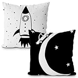 Likjad Space Pillow Covers 18x18 Set of 2, Space Decor for Boys Room, Black and White Moon Star Rocket Decorative Throw Pillow Covers for Kids Boys Room Playroom Nursery Decor