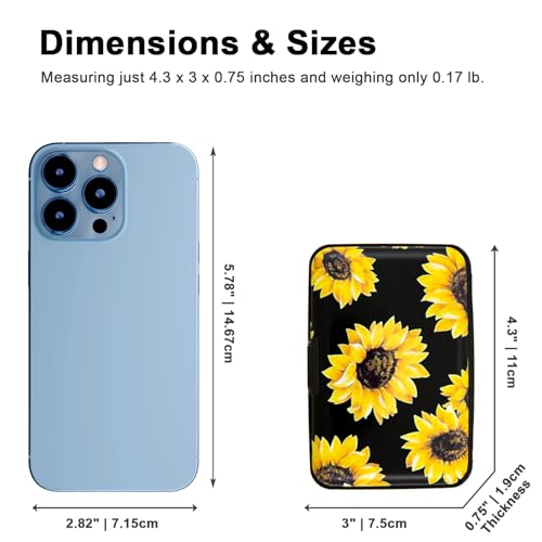 Image of Credit Card Holder, Metal Card Wallet RFID Blocking Mini Slim Aluminum Business Hard Card Case for Women Men (Black Background Sunflowers)