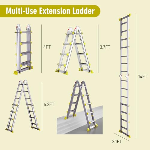 Image of A Frame Ladder, 14FT Aluminum 4 Step Ladder Foldable, 330LBS, Silver Yellow
