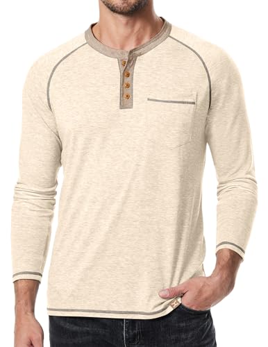 JMIERR Long Sleeve Shirts for Men Casual Dress Cotton Button Collar Henley T-Shirt Classic Fitted Tees with Pockets, L, Apricot
