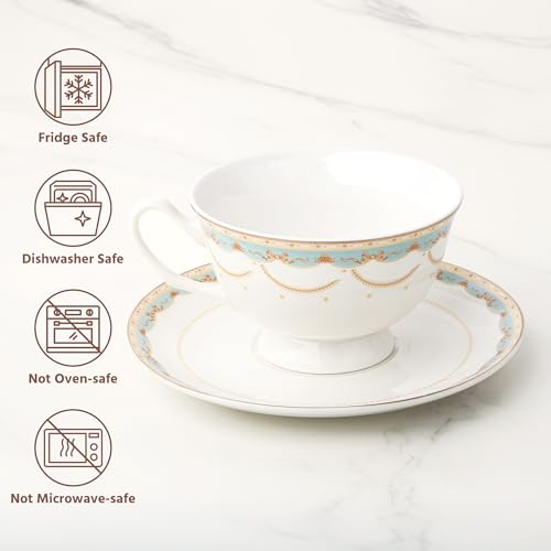 fanquare Blue Lace Tea Cups and Saucers Set of 6 British Bone China Coffee Cup and Plate for Afternoon Tea Party Gifts - Image 2