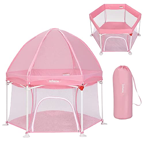 Image of INFANS Baby Playpen with Removable Mesh & UV Canopy, 53" Portable Playhouse with Carry Bag, Dome, Padded Floor, Easy Folding Playard Activity Center (Light Pink)