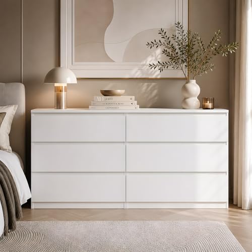 GOKHOMX Cómoda 6 Cajones 120 cm Ancho, Cajonera Blanca sin Tiradores para Salón Dormitorio, Aparador Moderno Negro Mate con Gran Almacenaje 30 cm Fondo