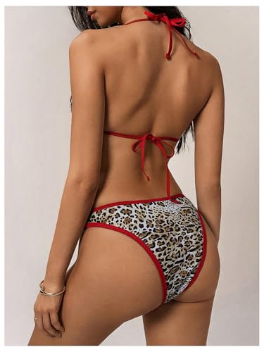 Women's Two Piece Leopard Swimsuit Cheetah Print Halter Tie Back Bikini Set Bathing Suit2