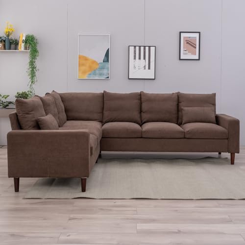 Panana 6 Seater Corner Sofa Couch Settee Fabric Sofa Living Room Sofa with Wood Legs and 2 Free Cushions, Brown - Image 6
