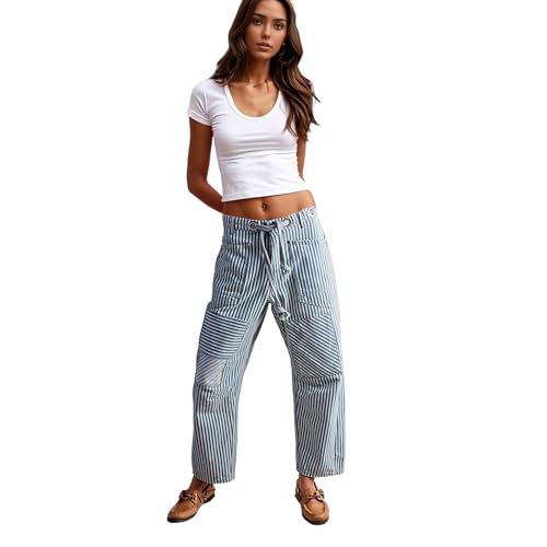 fanmpghleoo Barrel Jeans Women Drawstring Striped Patchwork Pants Tie Waist Wide Leg Jeans Trendy Horseshoe Denim Sweat Pants2