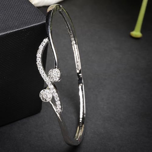 Image of ZENEME Rhodium Plated Silver Toned American Diamond Studded Grace Line Kada Bracelet For Women