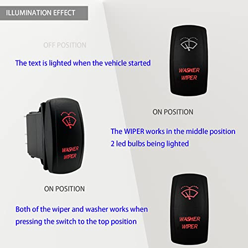 Image of Red Backlit 6PIN (ON)-ON-Off Washer Wiper Rocker Switch with Jumper Wires DPDT Momentary Toggle Switch for Automotive Yacht Truck RZR Side by Side UTV Central Console 12V 24V Waterproof IP67