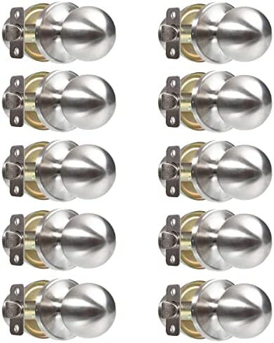 Crutello Passage Door Knob for Hall and Closet - Ball Style, Satin Nickel Interior Keyless Non Locking Indoor Doorknob, Round Door Handle, Satin Nickel, 10 Pack