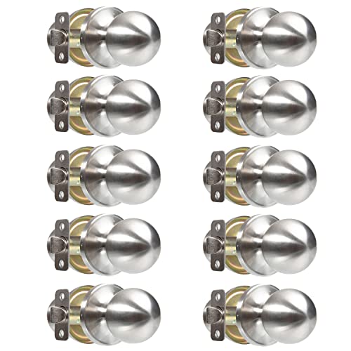 Crutello Passage Door Knob For Hall And Closet - Ball Style, Satin Nickel Interior Keyless Non Locking Indoor Doorknob, Round Door Handle, Satin Nickel, 10 Pack #TOP3