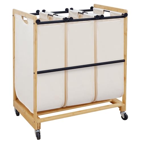 STO STO 3-Section Laundry Sorter with Bamboo Frame, Rolling Laundry Hamper Basket with Removable Bags and Lockable Wheels, Laundry Cart for Clothes Storage in Bedroom & Laundry Room, Beige
