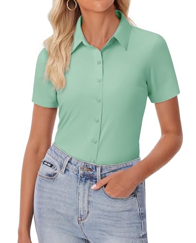 Image of siliteelon Womens Button Down Shirt Slim Fit Stretch Short Sleeve Dress Shirt Wrinkle Free Collared Business Work Blouse Top